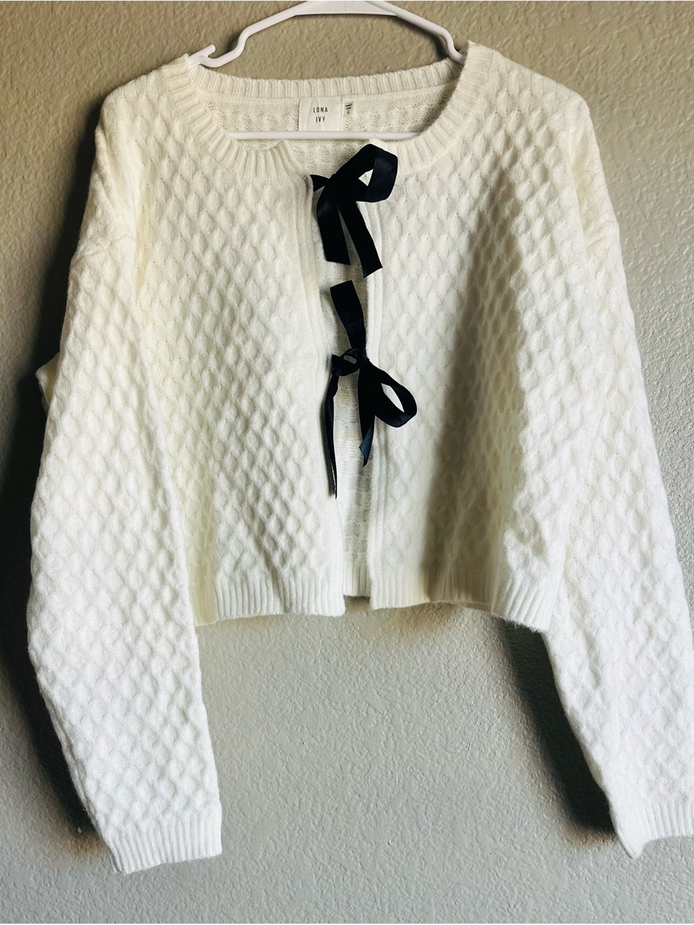 Ivory Knit Cardigan with Black Ribbon Ties